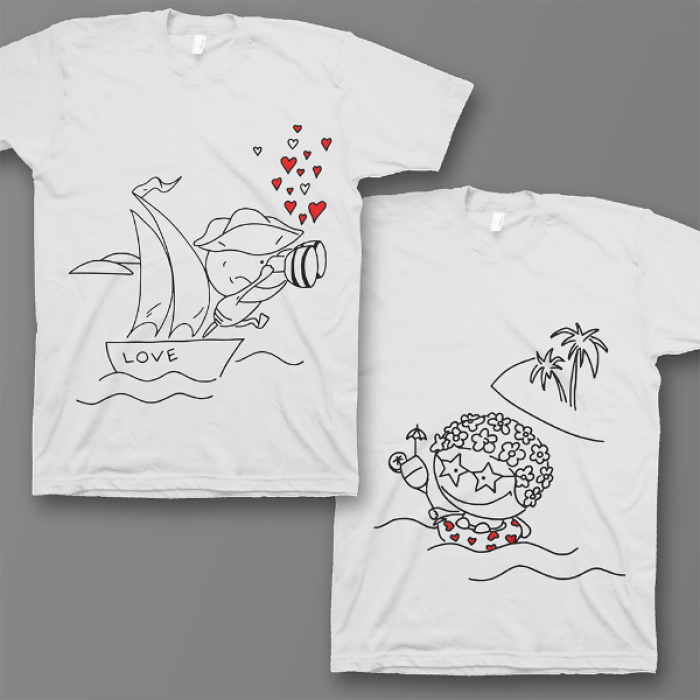 Парные футболки для влюбленных с изображением пирата и туристки